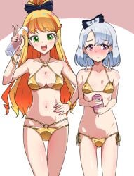 2girls belly_button bikini blonde_hair blush female female_only golden_bikini green_eyes himitsu_no_aipri idol igarashi_julia light-skinned_female light_skin magu_(magbp2119) onahole pink_eyes pretty_(series) pretty_series rokudou_elle silver_hair