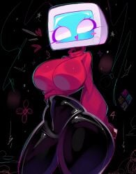 :3 ass big_ass big_breasts big_thighs black_bodysuit blush bodysuit bodysuit_under_clothes breasts computer large_breasts looking_at_viewer miyu_(rox_hoxten) red_sweater rox_hoxten smile smiling_at_viewer sweater thick thick_ass thick_thighs thighs tv_head
