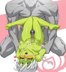 1boy absurdres breasts cheelai colored_skin completely_nude cum cum_on_body cum_on_breasts cum_on_stomach dragon_ball dragon_ball_super dragon_ball_super_broly facial female female_pubic_hair full_body green_skin grey_skin head_back highres holding_another's_wrist large_breasts legs_up lying mlix nipples nude on_back open_mouth pink_background pubic_hair purple_eyes rolling_eyes short_hair solo_focus thigh_sex trembling white_background white_hair
