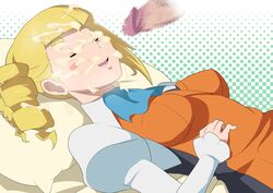 bed blonde_hair blush breasts censored closed_eyes cum cum_on_hair drill_hair drooling facial female gundam gundam_build_fighters highres long_hair lying medium_breasts penis pillow simple_background sleep_molestation sleeping smile yajima_caroline