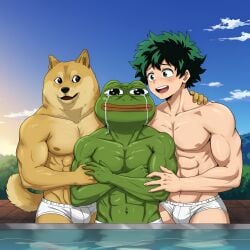 3boys ai_generated doge gay izuku_midoriya lovers male muscular pepe_the_frog riku_tanigawa spa