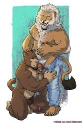 2025 2:3 anthro ape arm_tuft ass balls barazoku beard belly belly_hair biceps blue_background blue_eyes body_hair border bottomwear brown_hair bruteandbrawn canid canine canis chest_hair clothed clothing crotch_sniffing deltoids denim denim_bottomwear denim_clothing duo elbow_tuft erection eye_contact facial_hair feet felid flaccid forearm_muscles foreskin genitals gorilla hair hairy hand_on_belly hand_on_head haplorhine happy_trail hi_res hybrid imminent_fellatio imminent_oral jeans kneeling kneeling_oral_position licking lion looking_at_another male male/male mammal mane manly mature_male monkey musclegut muscular muscular_arms muscular_legs muscular_thighs navel neck_tuft nipples no_underwear nude open_bottomwear open_clothing open_jeans open_mouth open_pants oral pantherine pants pecs penile penis penis_lick penis_sniffing primate pubes sex simple_background slightly_chubby sniffing standing text tongue topless triceps tuft url vein veiny_penis white_border white_hair wolf wolfmonkey