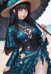 1girls ai_generated amaranthine beach blue_dress civitai corset dark_hair female heiress_of_the_hidden_halls hime_cut outdoors pale_skin pearl_necklace sarong seashell straw_hat umbrella