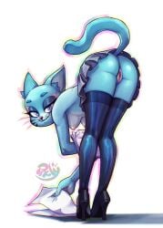 2025 anthro anus areola ass bent_over bent_over_with_legs_held_straight blue_body blue_ears blue_fur blue_tail bottomwear breasts cartoon_network clothed clothing domestic_cat eyebrows eyelashes felid feline felis female female_anthro footwear fur genitals half-closed_eyes hi_res high_heels holding_object holding_paper inner_ear_fluff legwear looking_at_viewer looking_back mammal medium_breasts narrowed_eyes nicole_watterson nipples no_underwear paper phenecly pussy raised_tail shoes simple_background skirt smile solo stockings tail tail_under_skirt the_amazing_world_of_gumball topless tuft upskirt whiskers white_background
