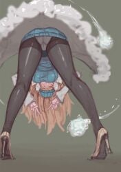 1girls alternate_costume bad_pixiv_id blonde_hair coat female female_only hanging_breasts heels league_of_legends legs looking_at_viewer panties panties_under_pantyhose pantyhose pantyshot peace_sign samiri snow_day_syndra syndra white_panties yellow_eyes