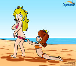 2girls ass barefoot beach bikini bikini_pull bikini_pulled_down blonde_hair blue_eyes breasts brown_hair cartoon-admirer coppertone crown earrings female female_only human lipstick long_hair mario_(series) medium_hair multiple_girls nintendo ocean orange_bikini orange_swimsuit pantsing parody pink_bikini pink_swimsuit princess_daisy princess_peach sand swimsuit water