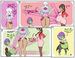 anthro big_breasts black_choker black_jewelry black_necklace bottomwear breasts choker cleavage clothed clothing comic cyberiorrr english_text eyewear female glasses group hair hi_res horn jewelry legwear long_hair necklace panties pants pink_body pink_skin pregnancy_transfer purple_hair sweater tail text thigh_highs topwear transfer_birthing trio underwear white_hair xcepm42