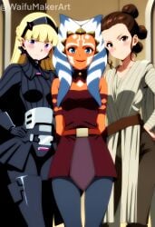3girls ahsoka_tano ai_generated am_(star_wars) blush disney female hi_res high_resolution highres looking_at_viewer may_the_4th_be_with_you medium_breasts rey rey_(star_wars) sfw smile star_wars star_wars:_the_clone_wars star_wars_visions the_twins_(star_wars) waifumakerart