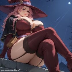 ai_generated alternate_version_at_source big_breasts black_clover boots breasts crossed_legs female hypet long_hair low-angle_view pink_hair sitting stockings tagme thick thick_ass thick_legs thick_thighs thigh_highs thighhighs thighs vanessa_enoteca witch witch_hat witch_outfit