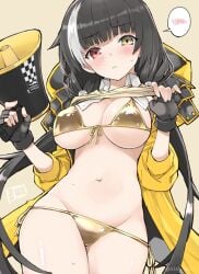 bikini black_gloves black_hair blush breasts cleavage clothes_lift female fingerless_gloves front-tie_bikini_top front-tie_top fujii_jun girls'_frontline gloves gold_bikini golden_week groin heterochromia holding holding_microphone jacket large_breasts long_hair looking_at_viewer low_twintails microphone multicolored_hair navel open_clothes open_jacket red_eyes ro635_(girls'_frontline) shiny_clothes shiny_skin shirt_lift side-tie_bikini_bottom solo speech_bubble spoken_blush streaked_hair swimsuit twintails underboob very_long_hair white_hair yellow_eyes yellow_jacket