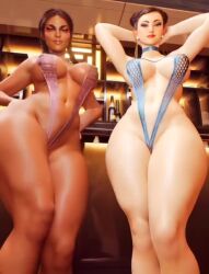 2girls 3d ai_generated apex_legends asian asian_female ass big_ass big_breasts bikini bracelet braided_hair braided_twintails breadcrumb breasts bubble_ass bubble_butt capcom chocolate_and_vanilla chun-li crossover dark-skinned_female dark_skin eastern_and_western_character female female_only hair_buns latina light-skinned_female loba_(apex_legends) looking_at_viewer ox_horns respawn_entertainment sling_bikini slingshot_swimsuit street_fighter street_fighter_6 swimsuit tagme tattoo thick_thighs toned toned_legs video wide_hips