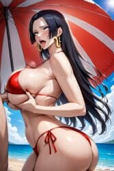 ahe_gao ai_generated artist_request beach big_ass big_breasts big_penis bikini black_hair blue_eyes boa_hancock clothing earrings female hands_on_breasts island male ocean one_piece paizuri parasol penis red_bikini