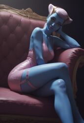 ai_generated bare_legs bare_thighs blue_body blue_skin clone_wars duchess_eugene legs may_the_4th_be_with_you pink_dress pink_hair riyo_chuchi sitting stable_diffusion star_wars star_wars:_the_clone_wars straps tagme