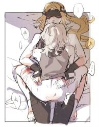 2girls barefoot black_gloves blindfold blonde_hair blush cowgirl_position fingerless_gloves gloves long_hair lying multiple_girls on_back on_bed parted_lips pussy_juice rekka soldier_11_(zenless_zone_zero) speech_bubble trigger_(zenless_zone_zero) white_hair yuri zenless_zone_zero