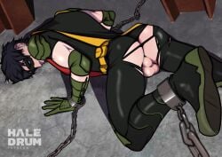 ass back_view backsack balls chained_up chains dc dc_comics haledrum male male_only masked ripped_clothing robin_(dc) robin_(tim_drake) superhero tight_clothing tim_drake