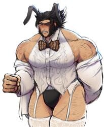 1boy adapted_costume baimonbluewhale bara black_hair blush eyepatch garter_belt gay hairy hairy_male james_howlett leg_hair lingerie logan_(x-men) male marvel marvel_rivals muscular muscular_male panties patch_(wolverine) rabbit_ears short_hair solo thick_thighs thighhighs thighs undressing vest wolverine_(marvel_rivals) wolverine_(x-men) x-men