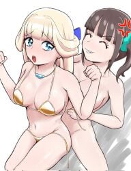 2girls aged_up angry big_breasts bikini breasts catgirl cure_lillian cure_nyammy female golden_bikini kiki_ooba nekoyashiki_mayu nekoyashiki_yuki nude_female_clothed_female precure pretty_cure wonderful_precure!