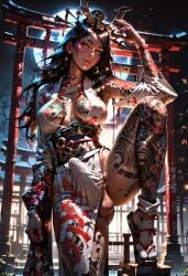 ai_generated amaterasu_(smite) areola_slip areolae balls ballsack black_hair earrings erect_penis erection erection_under_clothes futa_only futanari gold_eyes headgear intersex japanese japanese_clothes japanese_mythology kimono large_breasts manofmidas penis sideboob smite tattoos yellow_eyes