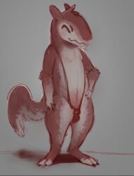 2025 animal_genitalia anthro arm_tuft balls biped chest_tuft claws closed_eyes clothing countershade_face countershade_torso countershading crooked_smile digital_media_(artwork) digitigrade ears_back elbow_tuft eyebrows genitals hand_on_hip head_tuft male one-piece_swimsuit pivoted_ears raised_tail restricted_palette sheath sling_bikini solo standing swimwear tail truemew tuft unknown_species