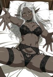 ai_generated black_hair blush breasts cithis dark-skinned_female dark_skin dungeon_meshi elf elf_ears elf_female female female_only lingerie on_bed smile spread_legs white_hair yellow_eyes