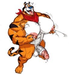 anthro barazoku big_nipples bodily_fluids circumcised cross-eyed ear_piercing felid frosted_flakes genital_fluids genitals hi_res kellogg's lactating leaking_precum looking_pleasured male male_lactation mammal mascot muscular muscular_male nipple_fetish nipple_play nipples pantherine penis piercing precum solo stubble tiger tongue tongue_out tony_the_tiger tora_gy vein veiny_muscles