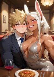 ai_generated bakugou_katsuki blonde_hair boku_no_hero_academia bunny_ears bunny_girl cleavage dark-skinned_female date deep_cleavage dress food intimate katsuki_bakugou light-skinned_male lipstick medium_breasts mirko my_hero_academia plunging_neckline restaurant rumi_usagiyama selfie suit white_hair wine wine_glass