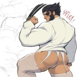 1boy ass ass_focus baimonbluewhale claws eyepatch gay hairy hairy_male jacket lingerie logan_(x-men) male marvel marvel_rivals muscular muscular_male panties patch_(wolverine) short_hair thick_thighs thighhighs thighs white_panties white_thighhighs wolverine_(marvel_rivals) wolverine_(x-men) x-men