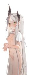 absurdres asymmetrical_horns black_horns blush breasts cleft_of_venus closed_mouth cowboy_shot female from_side goddess_of_victory:_nikke green_eyes grey_hair hands_up highres holypotato0 horns leviathan_(nikke) long_hair looking_at_viewer looking_to_the_side navel nipples pointy_ears pussy shirt short_sleeves small_breasts smile solo steepled_fingers twitter_cutting_game uneven_horns very_long_hair white_background white_shirt