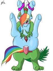 anal anal_sex ass blush crossover cum cum_in_ass cum_inside friendship_is_magic handcuffs male my_little_pony penetration plain_background pokemon pokemon_(species) pussy rainbow_dash_(mlp) sceptile sex spicyocean straight_hair white_background