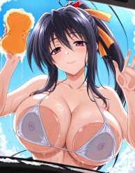 ai_generated akeno_himejima big_breasts black_hair breasts bubbles car car_wash high_school_dxd large_breasts pressed_against pressed_on_glass pressing_breasts swimsuit washing_car white_swimsuit