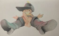 4_fingers anthro balls belt black_clothing boots bug_eater clothed clothing colored domestic_cat dreamworks dreamworks_animation erection felid feline felis fingers footwear fur genitals half-closed_eyes hat headgear headwear hi_res humanoid_genitalia humanoid_penis looking_at_viewer lying male mammal narrowed_eyes nude on_back orange_body orange_fur penis perspective puss puss_in_boots_(dreamworks) puss_in_boots_(franchise) shoes shrek_(series) simple_background smile solo traditional_media_(artwork) whiskers