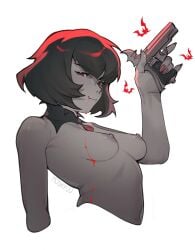 1girls 2026 bats black_hair blood bob_cut breasts deadlock female female_only gun hi_res mina_(deadlock) moshyuu necklace red_eyes short_hair vampire vampire_girl