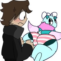 2boys ballinmustard ballinmutard_(irl) black_clothing black_pupils blush brown_hair cyan_body cyan_fur dandy's_world flyte_(dandy's_world) heart-shaped_pupils huge_ass intimidating male panties pink_fur underwear wanting_sex white_background