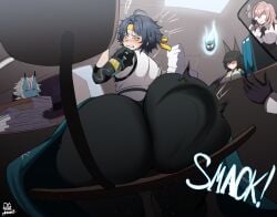 1boy 3girls asaba_harumasa ass ass_focus ass_slap blush dgdrawz dumptruck_ass female harassment hoshimi_miyabi male office soukaku_(zenless_zone_zero) tsukishiro_yanagi twink zenless_zone_zero