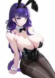 absurdres alternate_breast_size alternate_costume animal_ear_hairband animal_ears bare_shoulders black_bow black_bowtie black_leotard black_pantyhose bow bowtie breasts closed_mouth collar collarbone commentary covered_navel detached_collar fake_animal_ears female genshin_impact hairband highres large_breasts leotard lilin_(pixiv_25958194) looking_at_viewer mitsudomoe_(shape) mole mole_under_eye pantyhose playboy_bunny purple_eyes purple_hair rabbit_ear_hairband rabbit_ears raiden_shogun shoulder_tattoo simple_background solo strapless strapless_leotard tattoo thighband_pantyhose tomoe_(symbol) white_background white_collar white_wrist_cuffs wrist_cuffs
