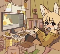 1girls after_masturbation blush caught caught_cumming caught_masturbating computer doremifaso64 female panties_aside watching_porn
