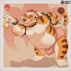 1:1 anthro bell belly bodily_fluids bowser bowser_logo briefs catsnbriefs cedamuc1 clothing domestic_cat erection erection_under_clothing felid feline felis fur genital_fluids hi_res male mammal mario_bros meowser nintendo oiruse overweight precum precum_through_clothing shell smile smirk solo spiked_shell spikes spikes_(anatomy) striped_body striped_fur stripes tenting underwear wet wet_clothing