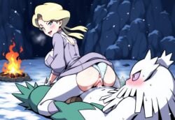 1girls abomasnow ai_generated animal_penis ass blk9201 blush breath cum cum_in_pussy cum_inside dress exposed_anus exposed_ass exposed_pussy fully_clothed glacia_(pokemon) interspecies outdoors penis pokemon pokemon_(species) pokephilia reverse_cowgirl_position snow vaginal_penetration vaginal_sex