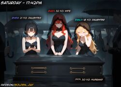 ai_generated big_breasts black_hair blonde_hair brown_eyes comic daughter english_text funeral green_eyes red_hair redhead text wife