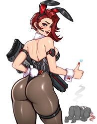 1boy 1girls artist_name ass ass_focus bare_shoulders black_widow_(marvel) black_widow_(marvel_rivals) blue_eyes blushypixy blushyspicy bunny_ears bunny_girl bunny_tail bunnysuit cotton_tail fake_animal_ears female female_focus gun headset heart looking_at_viewer looking_back marvel marvel_rivals natasha_romanoff red_hair thumbs_up venom_(marvel) watermark white_background wrist_cuffs