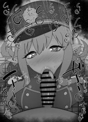 1boy 1girls :>= bare_shoulders big_penis black_and_white blue_archive blush censored dark-skinned_male dark_skin detailed_background drooling eyelashes fellatio female hat heart heart-shaped_pupils hikari_(blue_archive) horn humanoid indoor inside kurotama long_hair looking_at_viewer male male_pov oral oral_sex penis pointy_ears room saliva shiny shiny_skin sketch sound_effects squatting straight sweat text tongue_out top_hat vein veins veiny veiny_penis