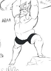 1boy angry angry_face anthro anthro_only asgore_dreemurr beard black_and_white black_underwear bulge chubby chubby_male dad_bod dilf facial_hair furry furry_only goat horn horns male male_only muscular muscular_male solo solo_focus standing undertale undertale_(series) underwear weapon