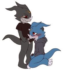 2boys balls blush bottomless digimon duo feline-fattale gay male male_only masturbation oral oral_sex penis plain_background ryodramon sex veemon yaoi