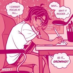 black_hair black_underwear bulge bulge_growth chair desk erection_bulge erection_under_clothes glasses green_eyes incubus lamp matthew_(myladycheshire) myladycheshire nervous no_nut_november pencil penis_getting_bigger studying tan_skin trying_not_to_cum trying_to_focus