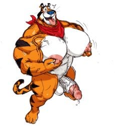 anthro barazoku big_muscles big_nipples bodily_fluids circumcised cross-eyed ear_piercing felid frosted_flakes genital_fluids genitals hi_res huge_muscles hyper hyper_moobs hyper_muscles kellogg's leaking_precum looking_pleasured male mammal mascot muscular muscular_male nipple_fetish nipple_play nipples pantherine penis piercing precum solo stubble tiger tongue tongue_out tony_the_tiger tora_gy vein veiny_muscles
