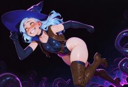 ai_generated blue_hair blush gwen leopard peril_reviwer revealing_clothes skintight_clothing tentacle thighhighs wizard wizard_hat yellow_eyes