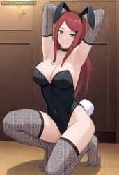 ai_generated animal_ears armpits arms_behind_head arms_up bangs bare_shoulders black_choker black_leotard boruto:_naruto_next_generations boruto:_two_blue_vortex breasts choker cleavage covered_navel dandanhub elbow_gloves fake_animal_ears fake_tail female fishnet_gloves fishnet_thighhighs fishnets full_body gloves grey_eyes grey_thighhighs hair_ornament hairclip indoors kneeling kushina_uzumaki large_breasts leotard long_hair looking_at_viewer naruto_(series) naruto_shippuden no_shoes playboy_bunny rabbit_ears rabbit_tail red_hair smile solo strapless strapless_leotard tail thighhighs thighs uzumaki_kushina