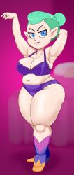 1girls armpits big_breasts blue_eyes bottomwear bra breasts cleavage disney female female_only footwear full_body gummidx hair hair_bun hand_behind_head hips huge_breasts lace lace-trimmed_bra lace-trimmed_panties lace_trim legs lingerie lips lipstick mature mature_female mature_woman milf more_at_source mother odalia_blight panties plump pointy_ears purple_bra purple_lips purple_lipstick purple_panties solo solo_female teal_hair the_owl_house thighs topwear
