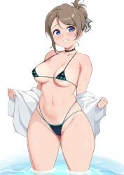 1girls alternate_costume alternate_hairstyle areola_slip bikini black_bikini black_choker blue_eyes breasts brown_hair cameltoe choker covered_nipples cowboy_shot curvy female grin groin hair_bun highres love_live! love_live!_sunshine!! medium_breasts micro_bikini navel sideboob simple_background smile solo stomach swimsuit thighs underboob unsfrau watanabe_you water wet white_background