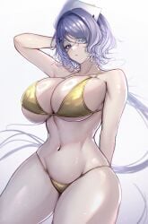 absurdres alternate_costume arknights arm_behind_head arm_up bikini breasts cleavage cowboy_shot eyepatch female gold_bikini hair_ornament hat highres large_breasts long_hair looking_at_viewer navel nurse_cap open_mouth poni_(poni_arknights) purple_eyes purple_hair shiny_skin simple_background solo stomach swimsuit thick_thighs thighs whisperain_(arknights) white_background white_hat x_hair_ornament